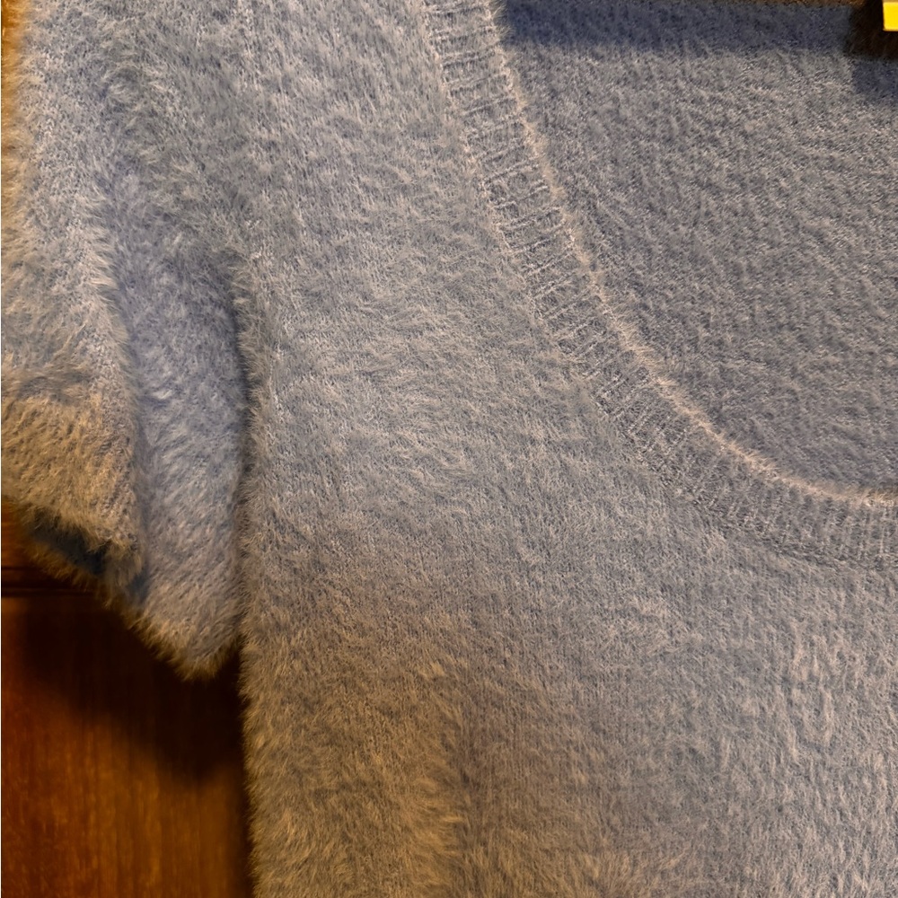 Blue fuzzy short sleeve Anthropologie top - Picture 3 of 3